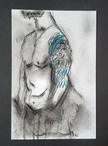 Man Charcoal Drawing, Marker Sketch, Hand-Drawn Male with Bird Tattoo, Original Figurative Wall Art