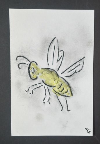 Bee Charcoal and Marker Drawing, Bumblebee Hand-Drawn Original Wall Art, Bee Lover Gift, Art for Small Spaces