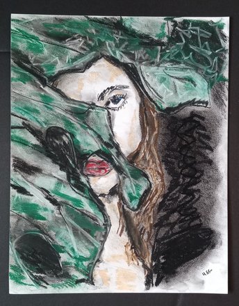 Woman Portrait Charcoal and Pastels Drawing, Hand-Drawn Female in Tree, Original Close-up Face Wall Art