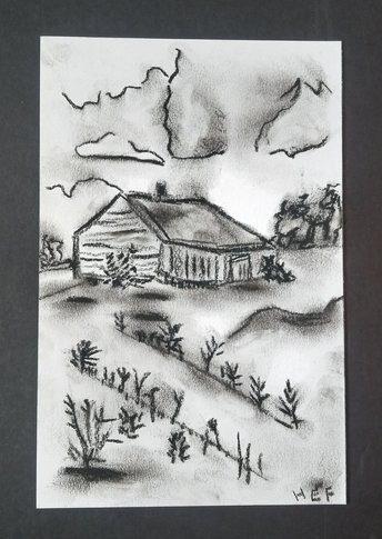 Farmhouse Charcoal Drawing, Original Farm Drawing, Country Wall Art, Landscape Hand-Drawn Art, Art for Small Spaces