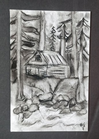 Forest Lake and Cabin Charcoal Drawing, Trees Original Wall Art, Rustic Woodsy Hand-Drawn Art