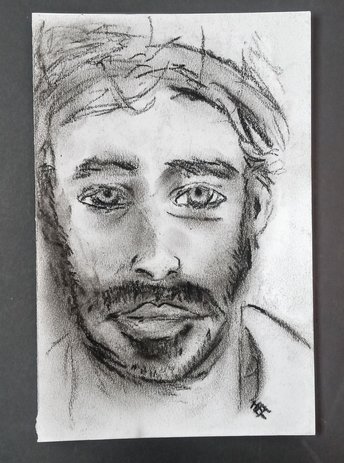 Man Portrait Charcoal Drawing, Hand-Drawn Male with Facial Hair, Original Close-up Face Wall Art