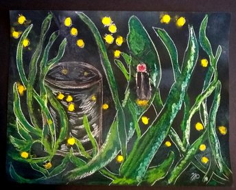 Fireflies Charcoal and Pastels Drawing, Lightning Bugs Hand-Drawn Original Wall Art