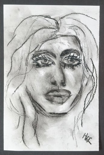 Woman Portrait Charcoal Drawing, Hand-Drawn Female Hair Parted, Original Close-up Face Wall Art