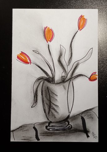 Tulip Flower Vase Drawing, One-of-a-Kind Marker Charcoal Art, Valentine's Day, Flower Lover Gift, Art Small Spaces, Botanical Wall Art