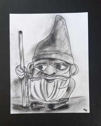 Gnome Drawing, One-of-a-Kind Marker Charcoal Drawing, Mythological Art Character, Gnome Lover Gift, Fantasy Art Small Spaces, 11x14 Wall Art