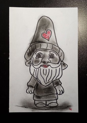 Original Gnome Black Red Drawing, One-of-a-Kind Marker Charcoal Drawing, Valentine's Day Gift, Gnome Lover Gift, Fantasy Art, Small Spaces