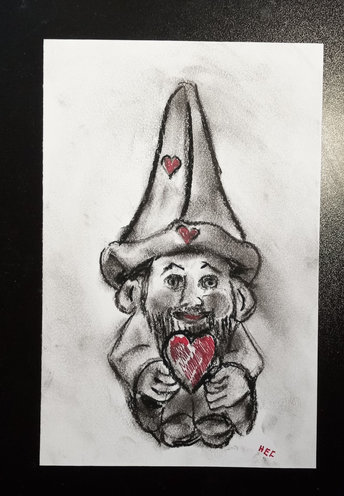 Original Gnome Holding Heart Black Red Drawing, One-of-a-Kind Marker Charcoal Drawing, Valentine's Day Gift, Gnome Lover Gift, Small Space
