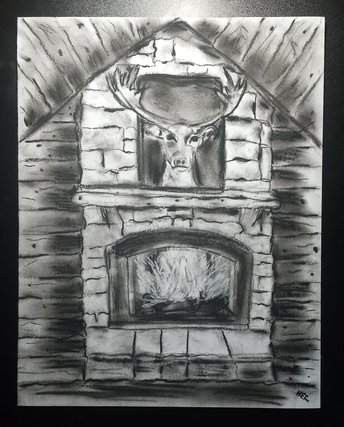 Mounted Deer in Cabin Charcoal Drawing, Fireplace Drawing, Gift for Hunting Lover, Cabin Wall Art, Original Art, Hand-Drawn, One-of-a-Kind