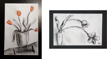 Two Flower Charcoal Drawings, Falling Flowers in Vase, Tulips, Hand-Drawn Botanical, Original Hand-Drawn Floral Wall Art Set