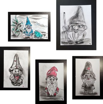 5 Original Gnome Charcoal Drawings, Hand-drawn Gnome Art Gallery Bundle, Marker Drawing, Gnome Lover Gift Set, Mythical Character Art